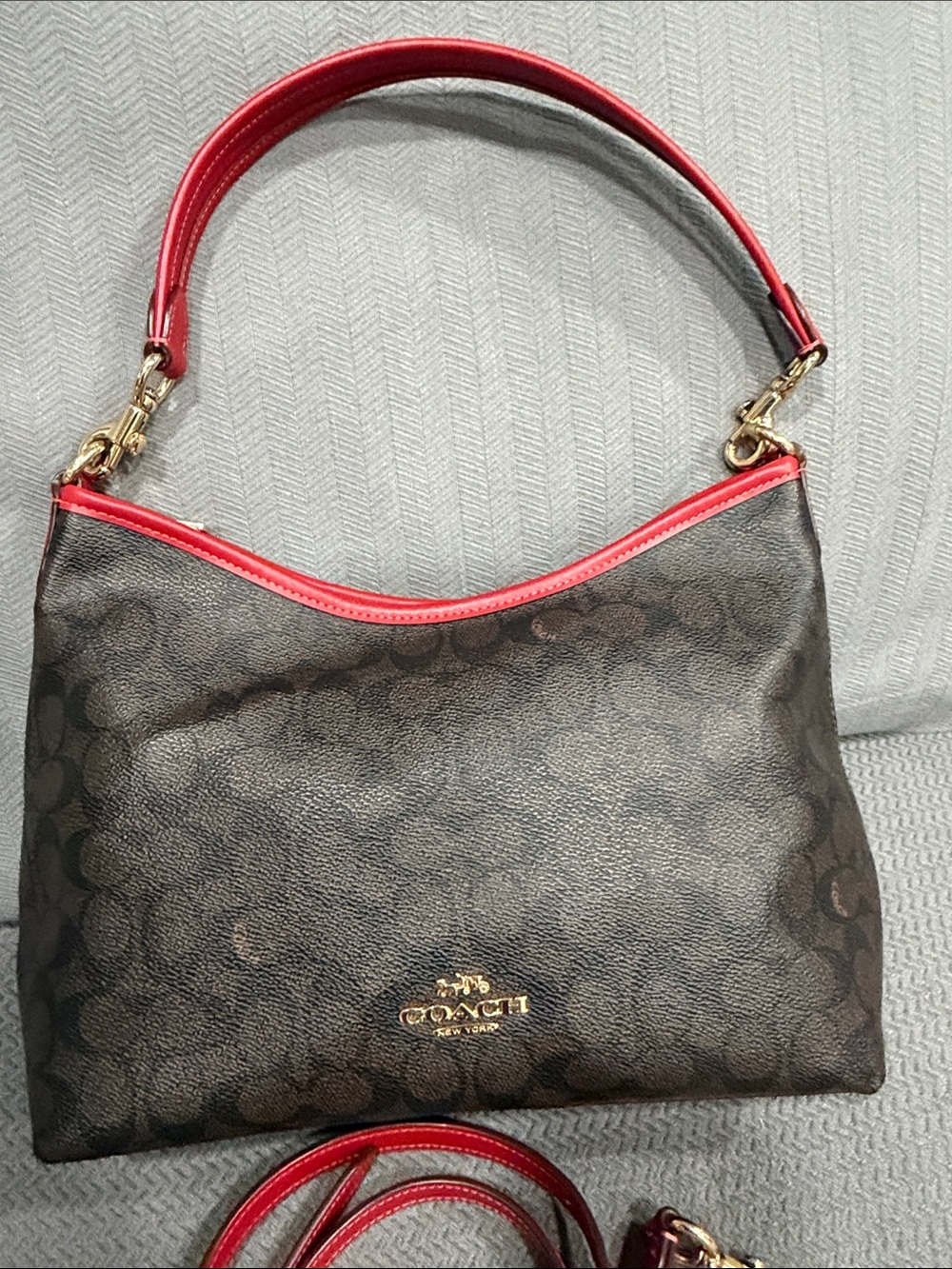 COACH Brown Signature Canvas Shoulder Bag with Red Trim and Strap